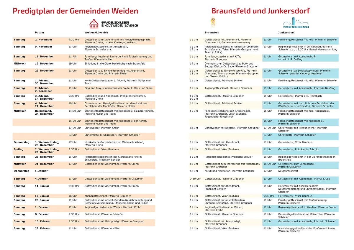 Gottesdienstplan mit Datum, Uhrzeit und Orten aufgelistet.