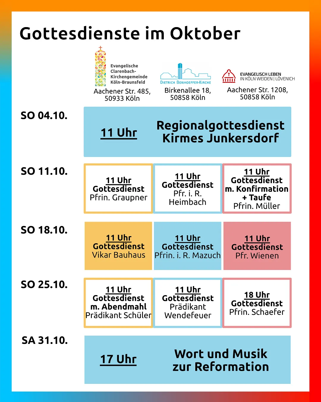 Gottesdienstplan mit Datum, Uhrzeit und Orten aufgelistet.