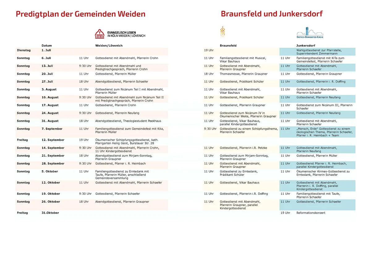 Gottesdienstplan mit Datum, Uhrzeit und Orten aufgelistet.