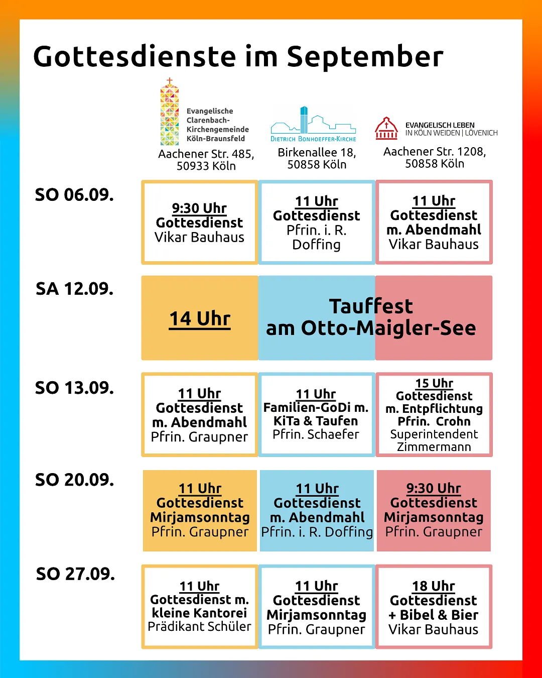 Gottesdienstplan mit Datum, Uhrzeit und Orten aufgelistet.