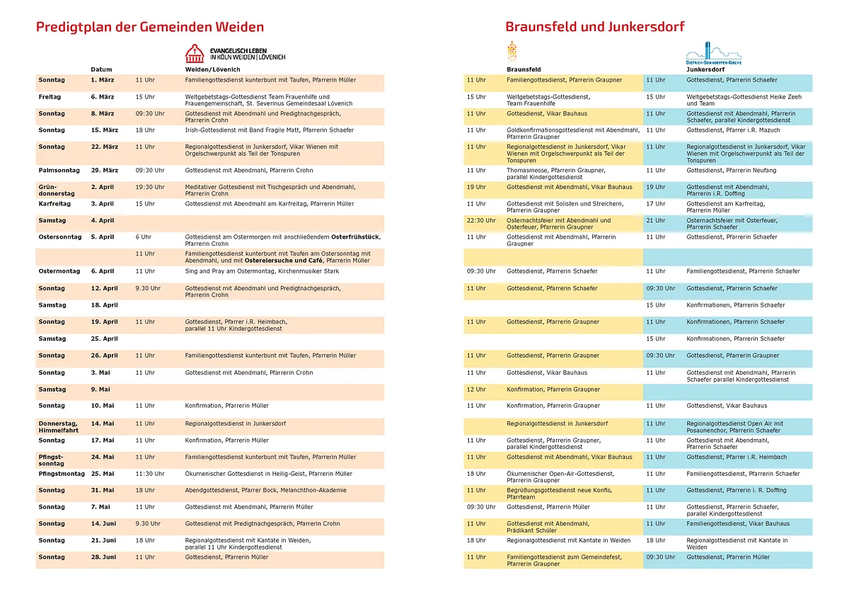 Gottesdienstplan mit Datum, Uhrzeit und Orten aufgelistet.